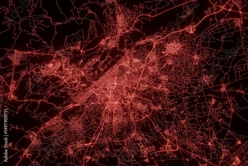 Street map of Damascus (Syria) made with red illumination and glow effect. Top view on roads network. 3d render, illustration