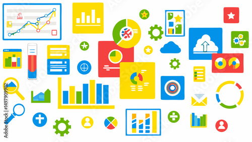Colorful data visualization elements including charts graphs and icons arranged on a white background