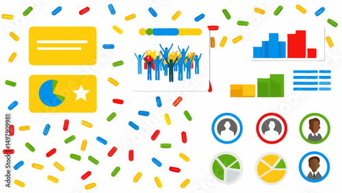 Illustration featuring various charts people icons and colorful confetti scattered across the background area