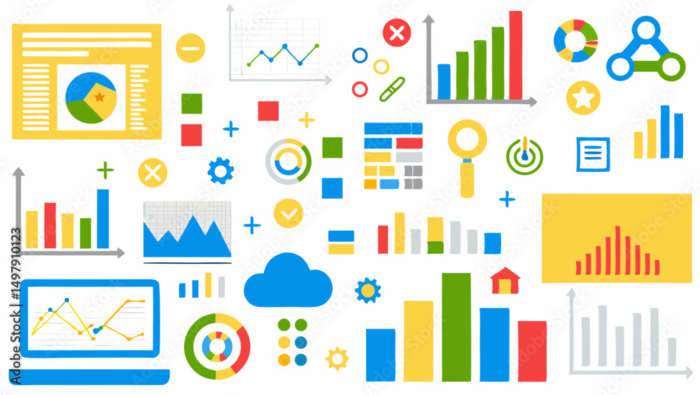 Illustration showcasing various data visualization elements including charts graphs and diagram components design Illustration showcasing various data visualization elements including charts graphs and diagram components design