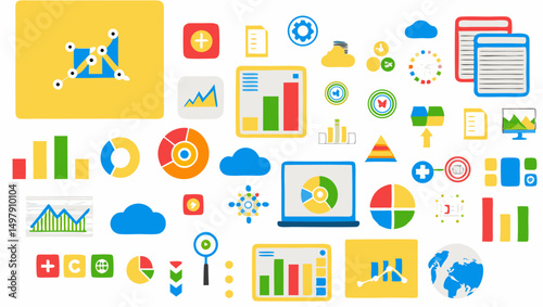 Collection of colorful data visualization elements including charts graphs and business icons displayed