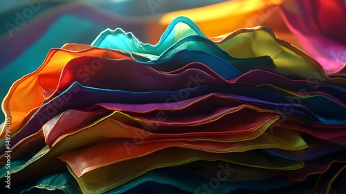 Close up of layered colorful fabrics creating a textured and vibrant abstract composition art piece