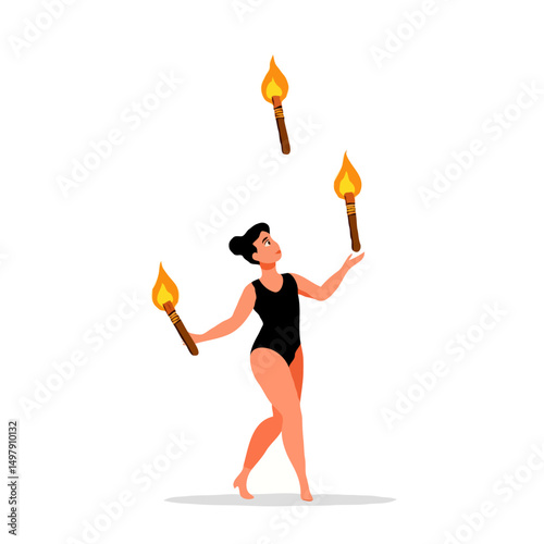 Woman Cartoon Character Juggling Burning Torches Performing Dangerous Fire Tricks