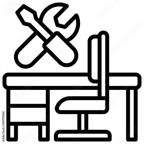Workplace Skills - Outline Icon - Office desk with tools above, depicting essential skills needed in a real-world work environment