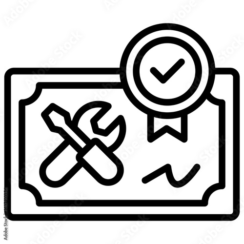 Certified Skills - Outline Icon - Certificate with tools and checkmark ribbon, symbolizing verified technical or vocational skills