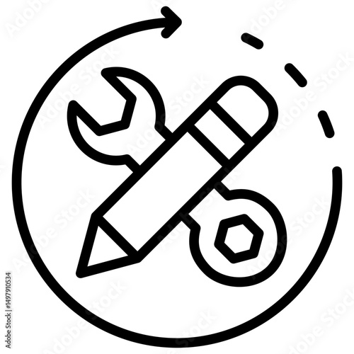 Skill Development - Outline Icon - Pencil and wrench in motion circle, showing continuous improvement and skill building
