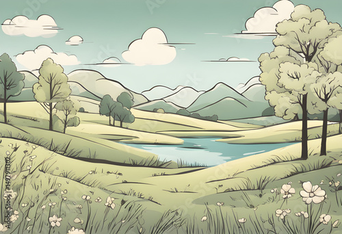 landscape cartoon, bright cartoon landscape, cartoon woodland background, cartoon leafy trees, cartoon farm background, cartoon field with hills, sunny cartoon countryside, cartoon outdoor wallpaper, 