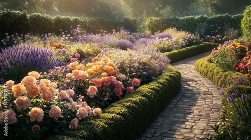 A floral-filled English garden with roses and lavender gleams in early sun, framed by tidy hedges and a charming cobblestone walkway. photo