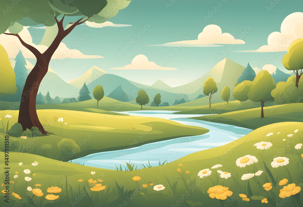 Naklejka premium cartoon horizon with trees, happy summer cartoon, cartoon landscape wallpaper, children’s cartoon background, cartoon valley with trees, cartoon forest meadow, cartoon nature wallpaper, colorful summe