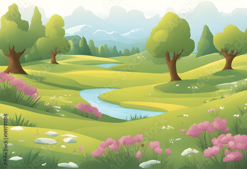cartoon grassland background, cartoon horizon with trees, happy summer cartoon, cartoon landscape wallpaper, children’s cartoon background, cartoon valley with trees, cartoon forest meadow, cartoon na