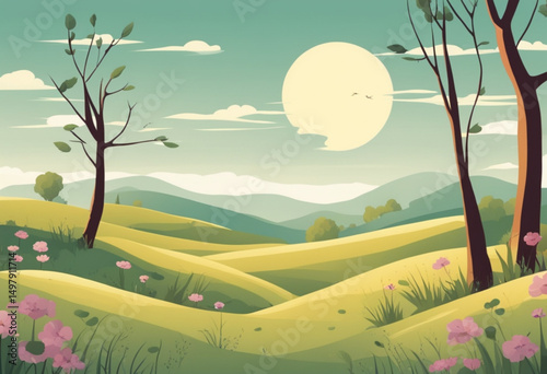 summer field cartoon, cartoon scenery with sun, cartoon natural landscape, countryside cartoon art, cartoon grassland background, cartoon horizon with trees, happy summer cartoon, cartoon landscape wa