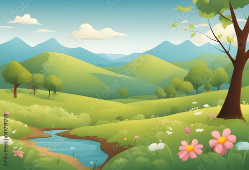outdoor cartoon background, summer field cartoon, cartoon scenery with sun, cartoon natural landscape, countryside cartoon art, cartoon grassland background, cartoon horizon with trees, happy summer c