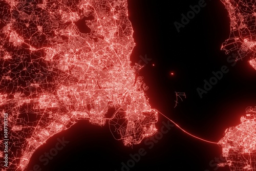 Street map of Copenhagen (Denmark) made with red illumination and glow effect. Top view on roads network. 3d render, illustration