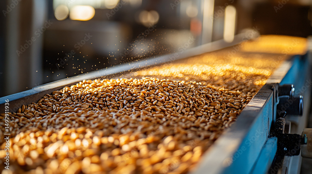 Golden Wheat Grains on Conveyor Belt in Agricultural Facility Golden Wheat Grains on Conveyor Belt in Agricultural Facility