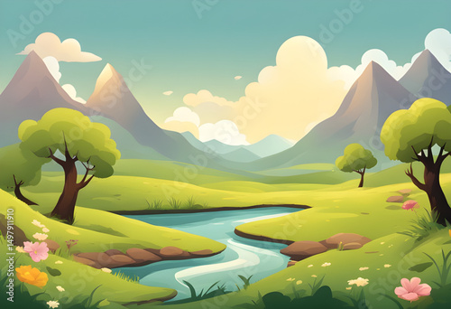 cartoon hills and trees, cartoon park landscape, green grass cartoon, cartoon rural background, cartoon village landscape, cartoon tree illustration, outdoor cartoon background, summer field cartoon, 