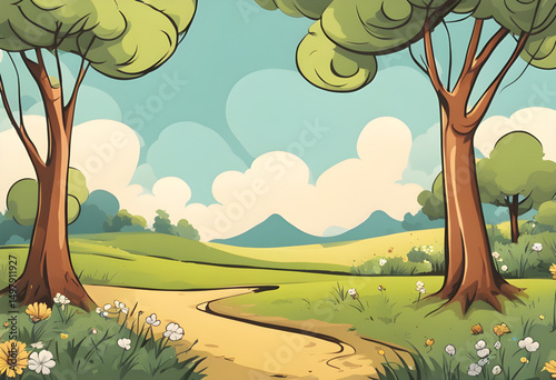 nature cartoon background, cartoon hills and trees, cartoon park landscape, green grass cartoon, cartoon rural background, cartoon village landscape, cartoon tree illustration, outdoor cartoon backgro
