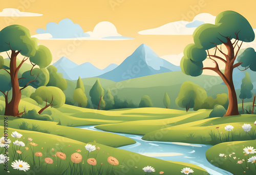 summer countryside cartoon, nature cartoon background, cartoon hills and trees, cartoon park landscape, green grass cartoon, cartoon rural background, cartoon village landscape, cartoon tree illustrat
