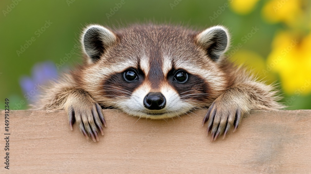 Fototapeta premium Adorable raccoon peeking over a wooden surface with a blurred green and yellow background
