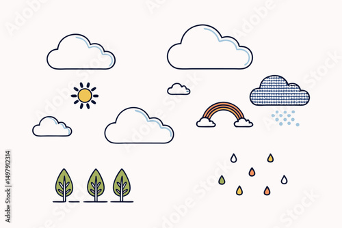 Weather elements illustration featuring clouds sun trees rainbow and rain in a playful style