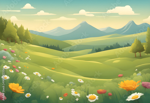 cartoon meadow wallpaper, cartoon forest with flowers, cartoon landscape drawing, cartoon outdoor kids background, cartoon meadow in summer, cartoon field with clouds, cartoon natural scenery kids, ca