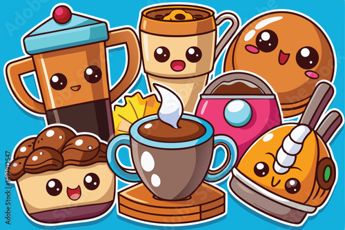 Cute kawaii coffee drinks and pastries with smiling faces in playful vector illustration