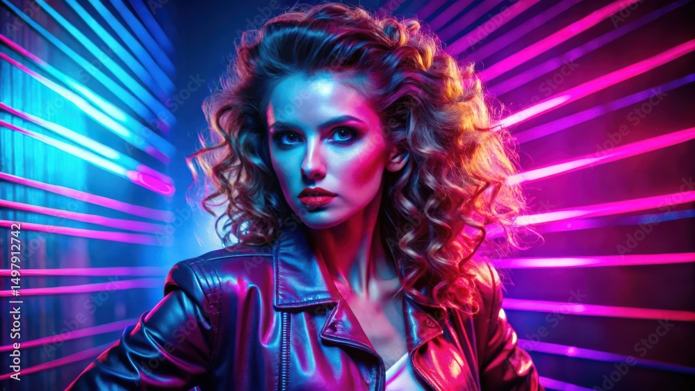Fototapeta premium A woman with curly hair poses confidently in a leather jacket, illuminated by vibrant neon blue and pink lights in a futuristic setting.