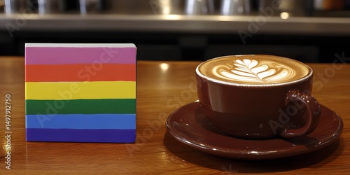 A latte with latte art and a rainbow block on a wooden table in a cafe setting with soft lighting