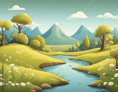 cartoon grassland background, colorful cartoon landscape, cartoon outdoor background, children’s nature wallpaper, cartoon countryside meadow, cartoon hills and meadow, cartoon sunny meadow, cartoon n