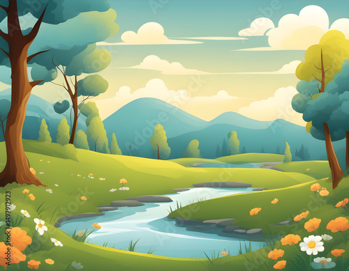 cartoon meadow background, kids cartoon landscape, cartoon nature scenery, cartoon meadow with flowers, cartoon green field, children’s park cartoon, cartoon forest meadow, cartoon grassland backgroun