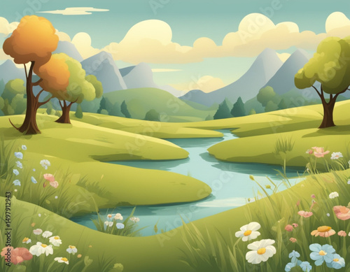 children’s cartoon meadow, cartoon meadow background, kids cartoon landscape, cartoon nature scenery, cartoon meadow with flowers, cartoon green field, children’s park cartoon, cartoon forest meadow, 