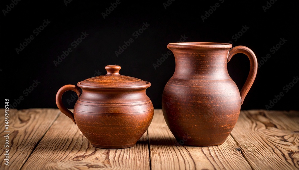 clay jug on wooden background clay jug on wooden background