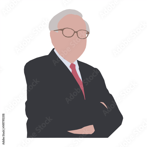 Flat Design Portrait of a Businessman with Glasses and Crossed Arms, Minimalist Illustrated Figure of a Senior Male Executive