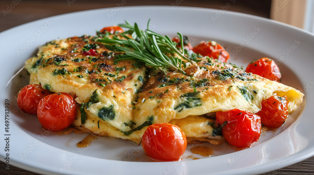 Delicious Omelette with Fresh Herbs and Melting Cheese.
Delicious Omelette with Fresh Herbs and Melting Cheese.