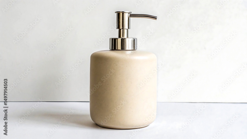 Obraz premium Elegant Beige Ceramic Soap Dispenser Bottle with Modern Silver Pump for Bathroom Decor