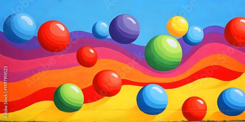 Colorful mural featuring spheres and wavy lines in various shades of the rainbow color palette