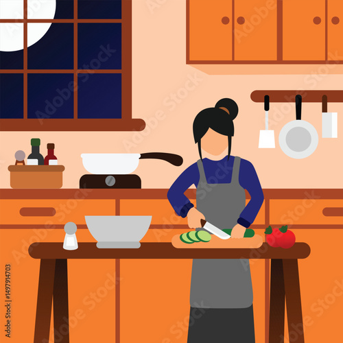Domestic Life Women Cooking Alone at Home Illustration Vector