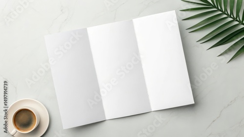 Blank tri-fold brochure on marble table with coffee cup and palm leaf, ready for design or branding presentations.