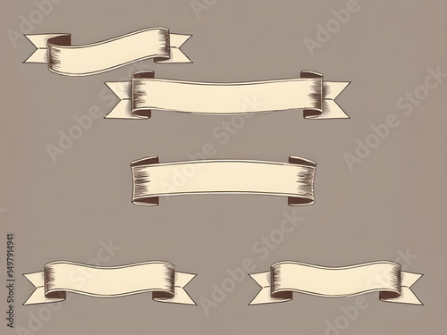 vintage ribbon set, classic ribbon banner, retro ribbon design, old style ribbon, antique ribbon, curled ribbon banner, vintage scroll ribbon, decorative ribbon set, grunge ribbon, ornate ribbon banne