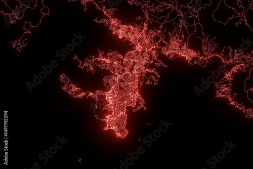 Street map of Noumea (New Caledonia) made with red illumination and glow effect. Top view on roads network. 3d render, illustration