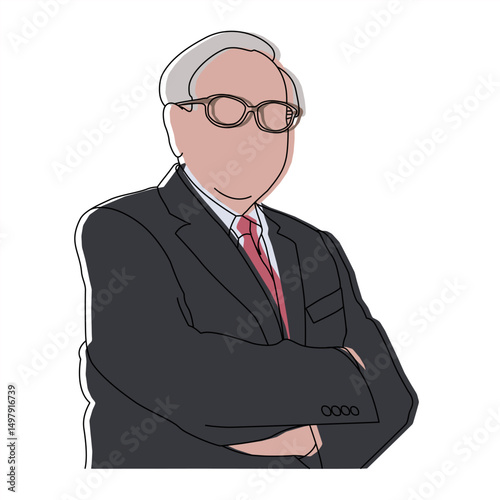Stylized Portrait of a Businessman with Glasses and Crossed Arms, Illustrated Senior Male Executive with White Hair