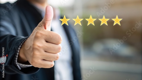 A person giving a thumbs up with five gold stars, symbolizing excellent service or a top rating.