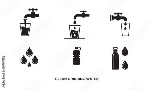 This graphic features a set of black and white icons illustrating different ways to access clean drinking water on white