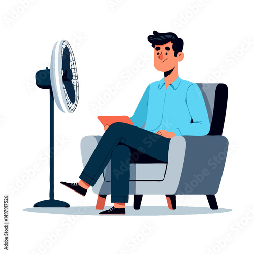  Cartoon relaxed man cooling down with ventilator fan sitting comfortably in armchair, isolated on white background, vector art