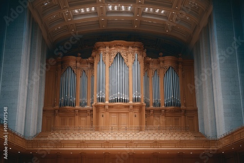 majestic pipe organ stands tall in ornate concert hall its intricately carved pipes reaching towards ceiling