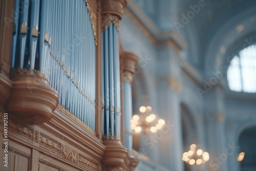 majestic pipe organ stands tall in ornate concert hall its intricately carved pipes reaching towards ceiling