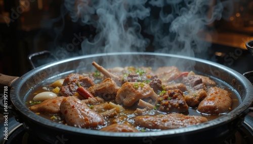Sizzling Chinese hot pot with assorted meats, mushrooms, and chili broth, shot mid-boil-atmospheric steam, warm tones