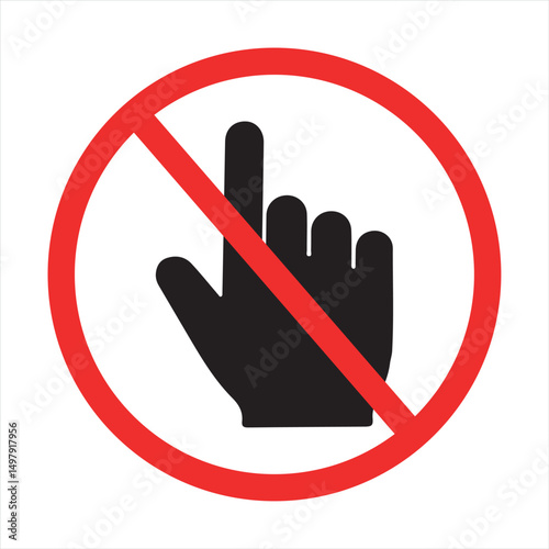 Red and black no touching sign with hand gesture, vector illustration for restricted access warnings
