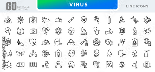 Virus line icon set. Bacteria, Bacteria, microbiology, biohazard, disease, virus protection, vaccine, protective, microorganism, and health awareness outline vector icon. UI thin outline icon pack