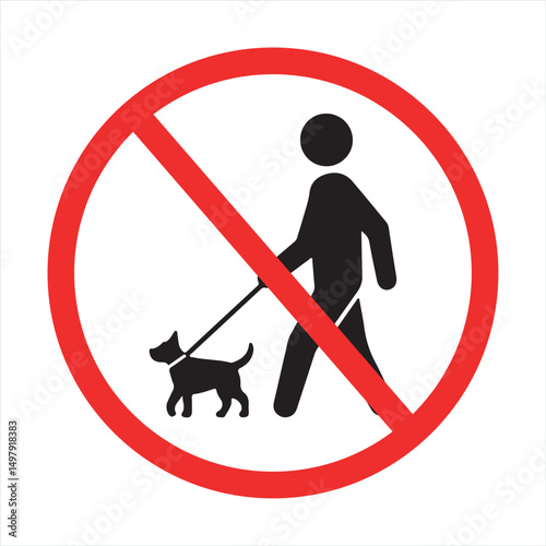 Red and black no dogs allowed sign with person and leash, vector illustration for public restrictions