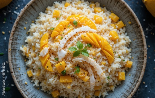 Thai mango sticky rice with coconut drizzle, golden mango slices sprinkled sesame-bright tropical vibe, overhead flat lay